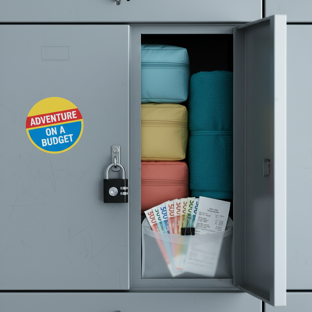 A compact, tidy hostel locker door slightly ajar, revealing an ultra-organized setup: neatly stacked packing cubes in soft pastel hues, a slim travel towel rolled tight, a small combination lock dangling from a metal loop, and a clear envelope of neatly folded local currency and receipts. The locker’s brushed metal surface bears subtle scratches and a single bright sticker that says “Adventure on a Budget.” Cool, diffused overhead light creates gentle reflections on the metal while keeping the interior contents clearly visible. Photographic realism, eye-level composition with shallow depth of field, the edges of neighboring lockers blurred to emphasize the clever, budget-savvy organization in a playful but practical mood.