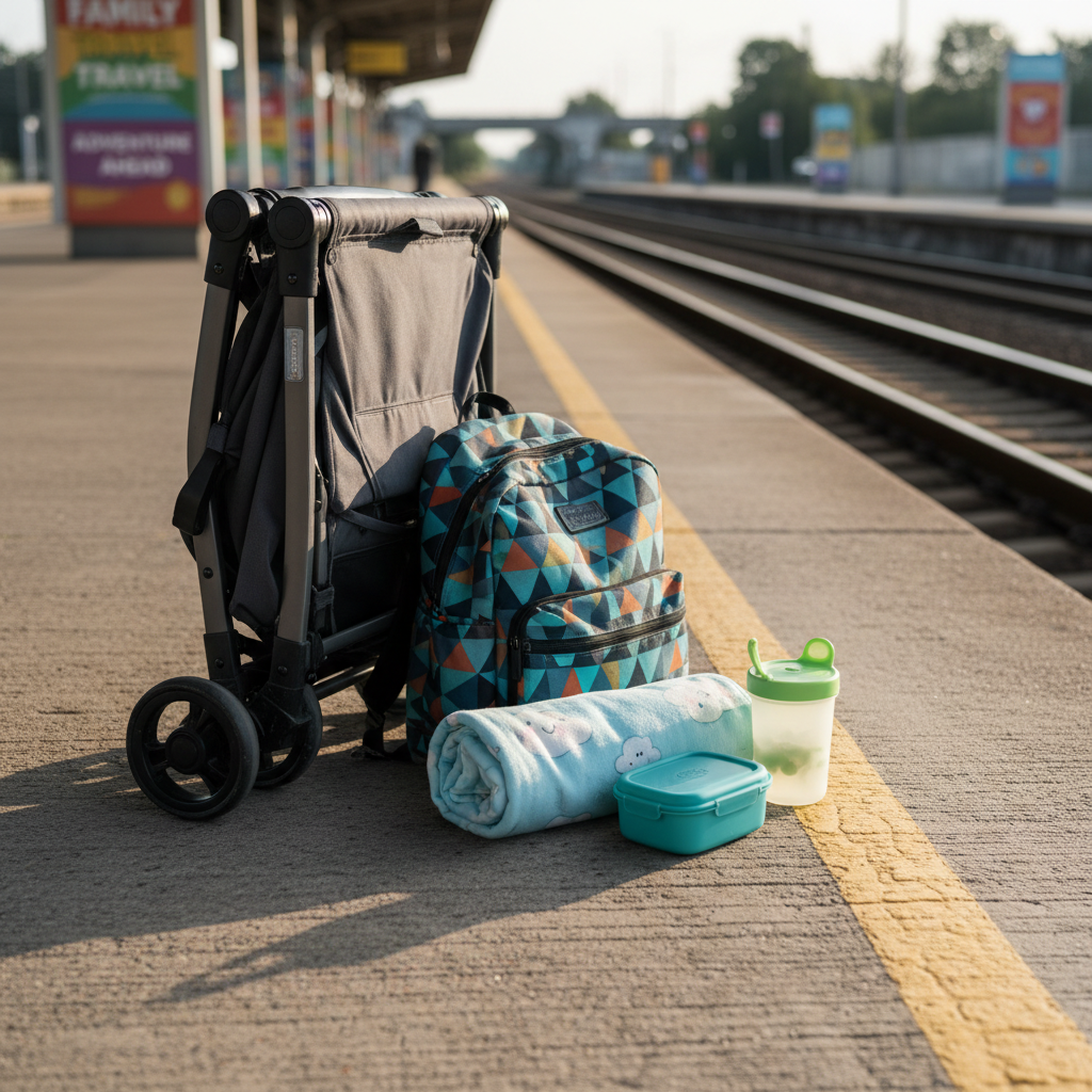 A sturdy, lightweight stroller folded neatly beside a small, colorful daypack on a clean train platform, both positioned near a bright yellow safety line. Between them lies a neatly rolled baby blanket with cartoon clouds, a compact snack container, and a reusable silicone sippy cup, all arranged on the platform’s textured concrete surface. Late afternoon sunlight slants across the scene, creating long, playful shadows and highlighting the subtle scuffs that show real use. Photographic realism with a low-angle composition, making the gear feel heroic yet approachable. The distant train tracks and softly blurred station signage hint at affordable, family-friendly journeys without showing any people.