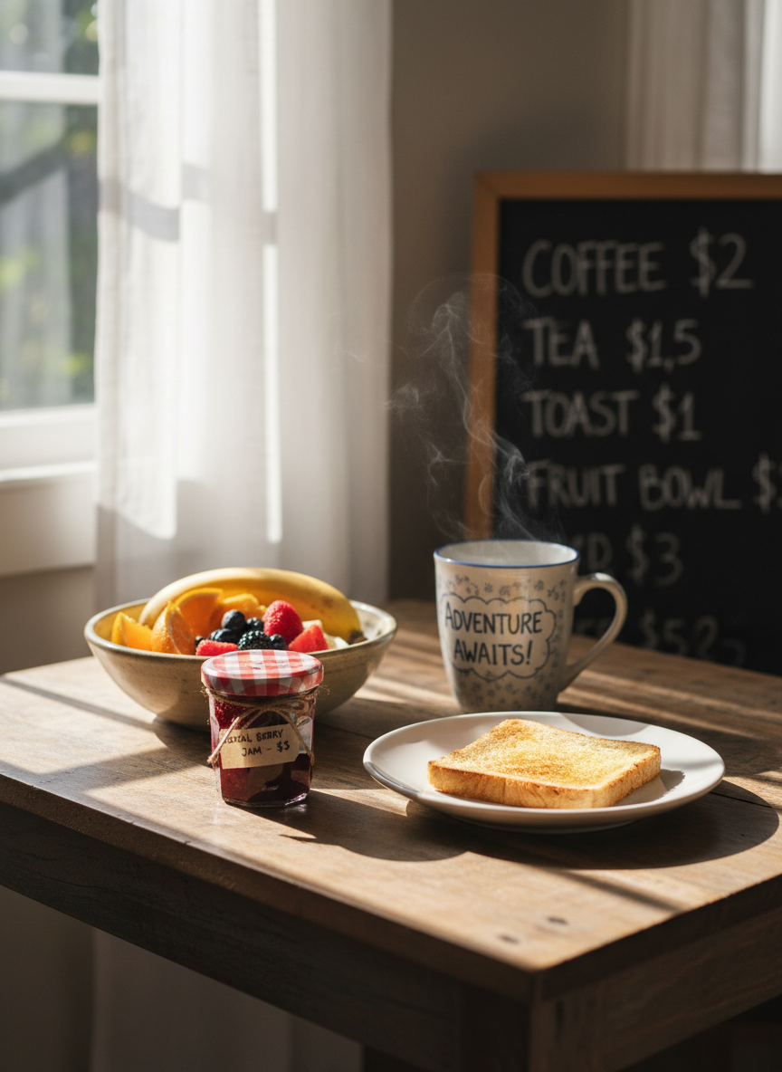 A cozy budget guesthouse breakfast corner with a small wooden table set for one, featuring a simple but appealing spread: a bowl of fresh fruit, a slice of toast on a plain white plate, a steaming mug with a whimsical travel quote, and a petite jar of local jam with a handwritten label. The table stands near a narrow window framed by light, breezy curtains, where soft morning sunlight streams in, brushing warm highlights across the wood grain and steam. A chalkboard in the softly blurred background lists prices in friendly, rounded handwriting. Photographic realism, captured from a three-quarter angle, with a calm, inviting atmosphere that celebrates thrifty, solo travel pleasures.