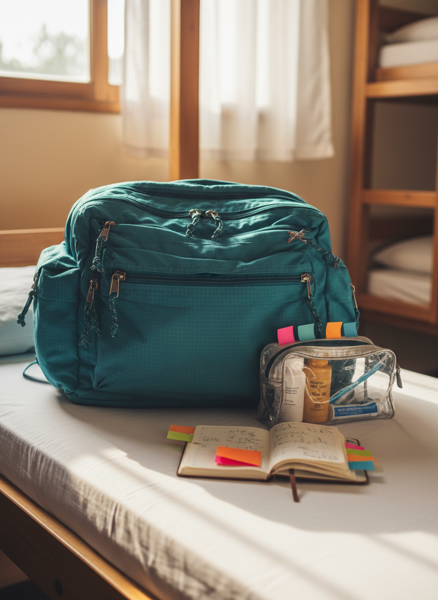 A well-worn but sturdy carry-on backpack made of teal ripstop fabric with reinforced zippers, resting on a narrow hostel bunk bed covered in a crisp white sheet. Next to it, a compact travel journal lies open with colorful sticky notes peeking out, and a small travel-sized toiletry bag stands upright, bottles neatly visible through a translucent mesh. Soft morning light filters through a thin curtain from a nearby window, casting gentle stripes across the bedding. The mood is playful yet practical, full of possibility. Photographic realism with an eye-level composition, shallow depth of field keeping the backpack in sharp focus while the rest of the simple, budget-friendly room falls into a warm, cozy blur.