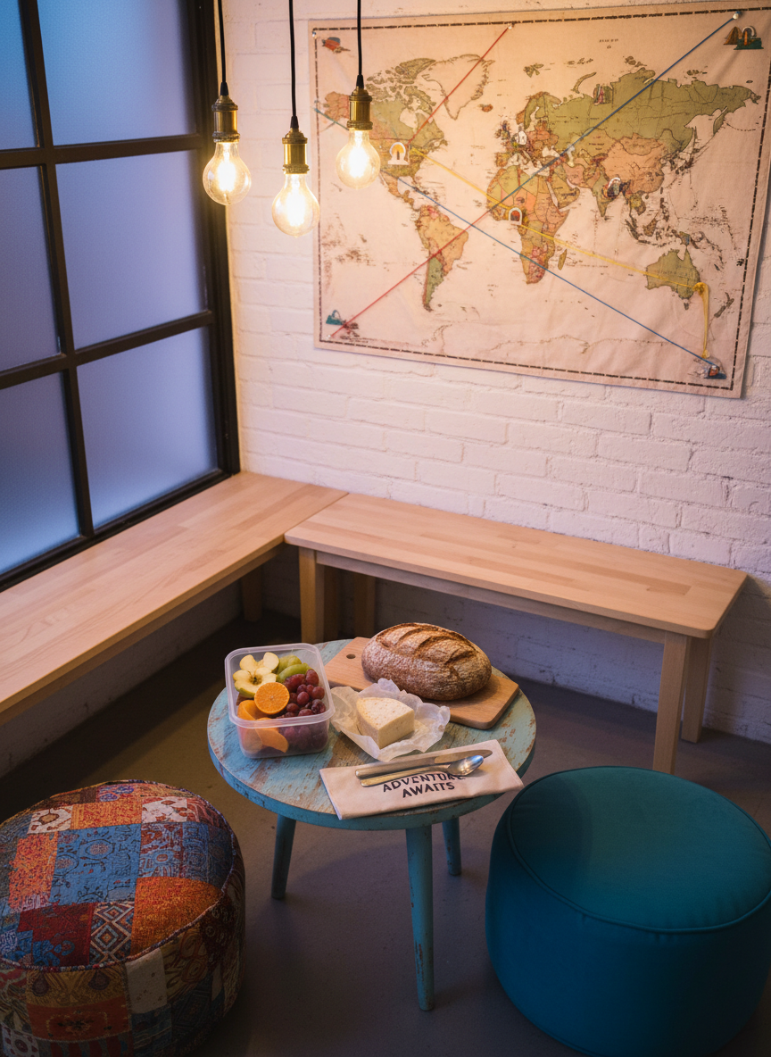 A cheerful hostel common area corner featuring a small, round, slightly mismatched coffee table surrounded by two low, colorful poufs and a simple wooden bench. On the table sit a budget-conscious picnic spread: a compact container of sliced fruit, a loaf of crusty bread, a wedge of local cheese still in simple paper wrapping, and a reusable cutlery set in a cloth pouch. A worn world map is pinned on the wall behind, crisscrossed with yarn routes and tiny sticker icons. Warm pendant lights cast a cozy, golden glow, balancing with faint twilight filtering through a distant window. Photographic realism, shot at a slightly elevated angle, with an inviting, playful atmosphere that celebrates frugal, communal dining.