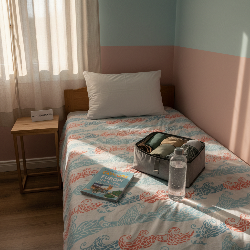 A tiny, sunlit guesthouse room with pastel-painted walls, featuring a neatly made single bed topped with a playful patterned blanket and a single, plump pillow. On the bed rests a folded budget travel guidebook, a compact packing cube partially unzipped revealing rolled clothing in soft, muted colors, and a reusable water bottle with visible condensation. Golden hour light pours through a narrow window with thin curtains, painting warm highlights across the bed and a simple wooden nightstand holding a small, handwritten Wi-Fi password card. Photographic realism captured at eye level, with a welcoming, thrifty atmosphere and gentle shadows that suggest a safe, simple haven for a cost-conscious adventurer.